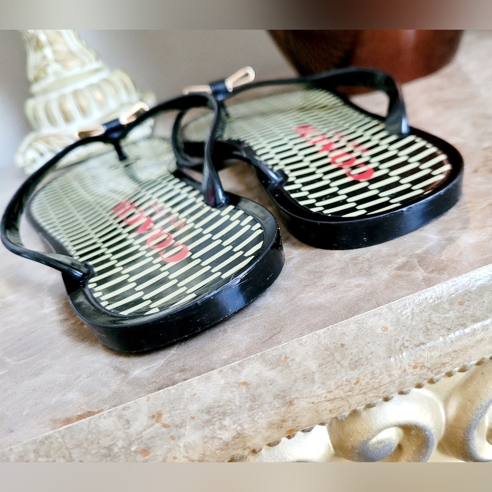 Coach Landon Women Patterned Jelly Thong Flip Flops Black/Ivory Logo Bow US 8.5 - Picture 10 of 16